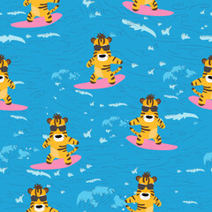 Surfing tiger. Seamless pattern. Vector illustration