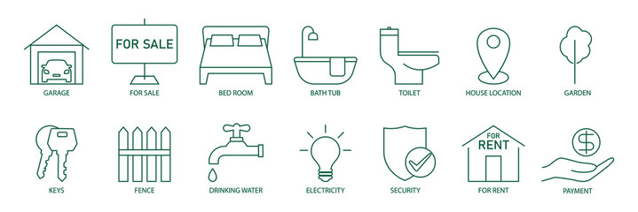 real estate icon set vector illustration Garage, far sale, bedroom, bathtub, toilet, house location, garden, keys, fence, drinking water, electricity, security, for rent, payment