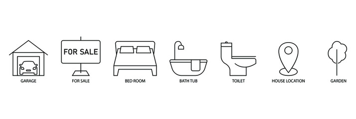 real estate icon set Garage, far sale, bedroom, bathtub, toilet, house location, garden