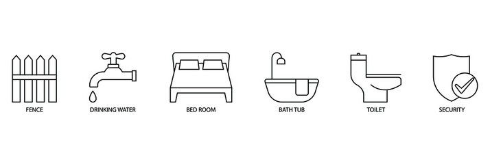 real estate icon set vector illustration  bedroom, bathtub, toilet, fence, drinking water, security