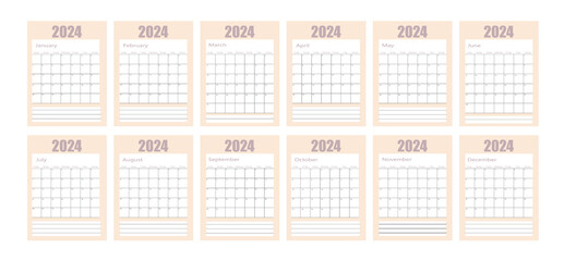 Simple calendar 2024. Vector illustration. Planning calendar. Week starts on Sunday. Stationery design.