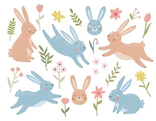 Spring set of cute rabbits, flowers and leafs. Hand drawn bunny collection on white background. Kids character illustration, animal print