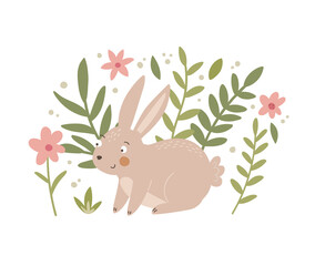 Composition with rabbit, leaves and floral elements. Cute bunny vector illustration. Kids poster 