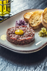 Veal Tartare on Plate with Bread Toast, Restaurant Food