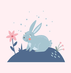 Cute rabbit and flowers vector illustration. Kids poster witn bunny