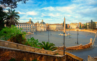Fototapeta premium Piazza del Popolo (People's Square), Rome, Italy. Churches of Santa Maria in Montesanto and Santa Maria dei Miracoli. Egyptian obelisk of Ramesses II. Rome architecture and landmark.