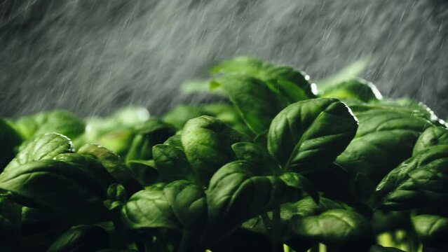 Watering aromatic green basil plant