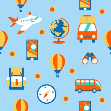  cheerful pattern with the image of a tourist set, summer holidays and travel