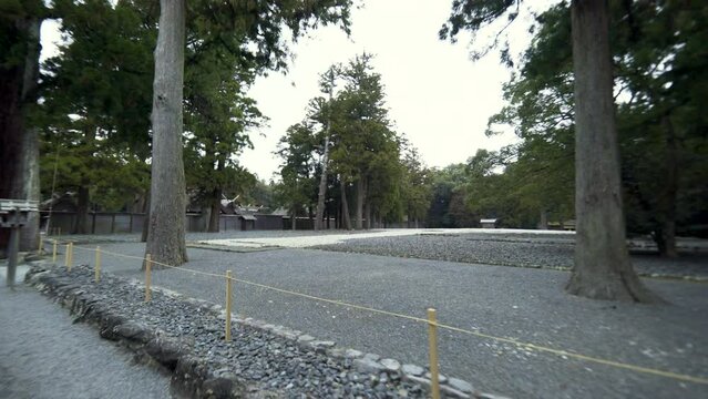 Cinematic gimbal shot of Shinto Shrines at Ise Jingu in Mie prefecture, Japan