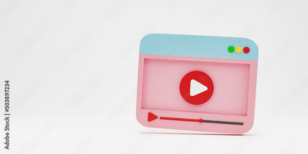 Poster 3d render 3d illustration. minimal style video player media with play button on white background. vi