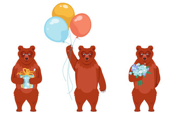 Bear with different holiday attributes. Animal in cartoon style.