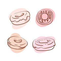 hand drawn colored donuts icon set on the white background