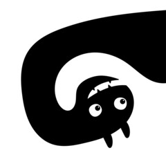 Monster silhouette in the corner. Black Funny cute cartoon kawaii baby character. Happy Halloween. Snail shape. Tooth fang, horns. Flat design. White background. Isolated