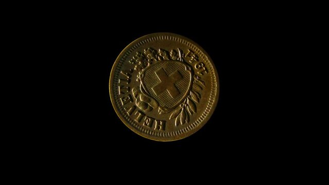 Rotating reverse of Switzerland coin 1 rappen 1941 with Latin name of Switzerland. Isolated in black background.