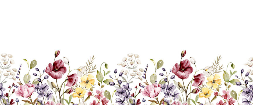 Floral banner with watercolor wildflowers, frame,  border. Perfectly for social media, blog, other web design and printing, sublimation.
