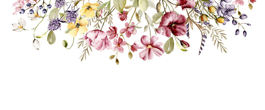 Floral banner with watercolor wildflowers, frame,  border. Perfectly for social media, blog, other web design and printing, sublimation.