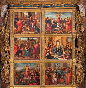 VALENCIA, SPAIN - FEBRUAR 14, 2022: The painting of th main altar in the Cathedral  by Fernando Yanez de la Almedina and  Hernando de los Llanos (1506 - 1510).