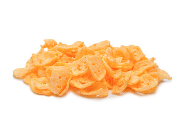 Crispy salted snacks on white background.
