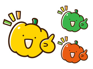 人差し指を立てて説明するかわいいピーマンとパプリカの手書き風イラストセット