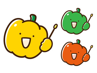 指差し棒を持つピーマンとパプリカのかわいい手書き風イラストセット