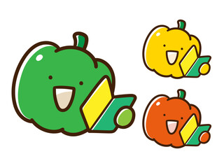初心者マークを持つピーマンとパプリカのかわいい手書き風イラストセット