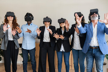 group of business workers with virtual reality simulation