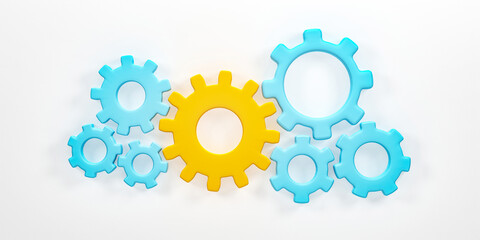 3D rendering, 3D illustration. Gear wheels. cogs and gears mechanism on white background. Teamwork cooperation machine symbolism concept.