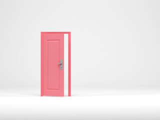 3D rendering, 3D illustration. Pink open door entrance in white background room. minimal interior idea creative.
