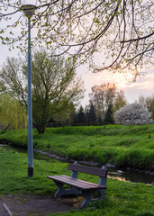 Sunset in spring park with river