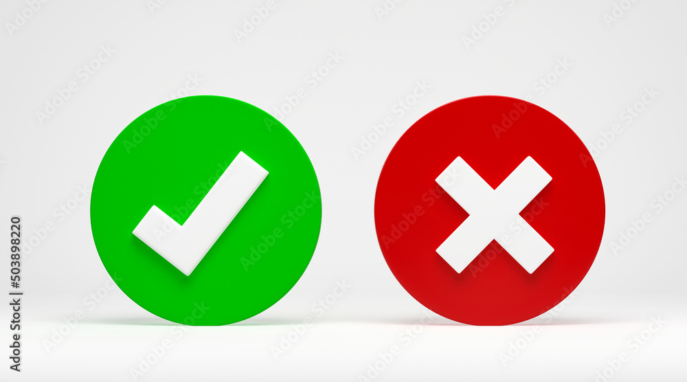 Poster 3d rendering, 3d illustration. right and wrong button. check mark and x mark icon isolated on white 