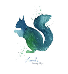 Watercolor squirrel silhouette. Abstract green silhouette background. Ink splashes