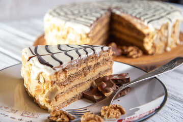 A piece of Esterhazy cake .Sweet cake for tea