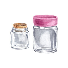 A glass jar with a lid on a white background. Watercolor empty glass jar. Transparent jar for Provencal herbs: basil, cumin, rosemary, marjoram. The illustration is suitable for design.