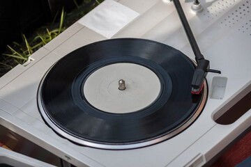 Close-up of a turntable for a vinyl record.