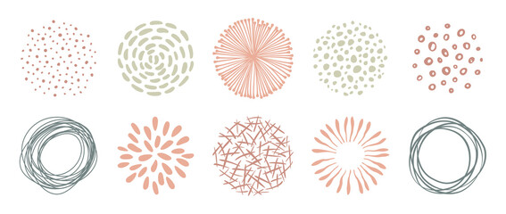Set of circle doodle textutes. Vector hand drawn abstract patterns, lines and dots. Freehand drawing for design. - obrazy, fototapety, plakaty