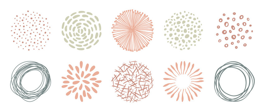 Set of circle doodle textutes. Vector hand drawn abstract patterns, lines and dots. Freehand drawing for design.