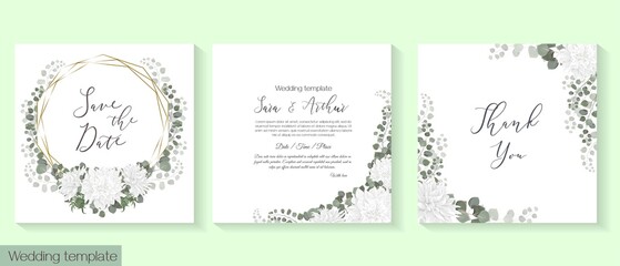 Vector template for wedding invitation. White dahlia, eucalyptus, green leaves and plants, round frame.