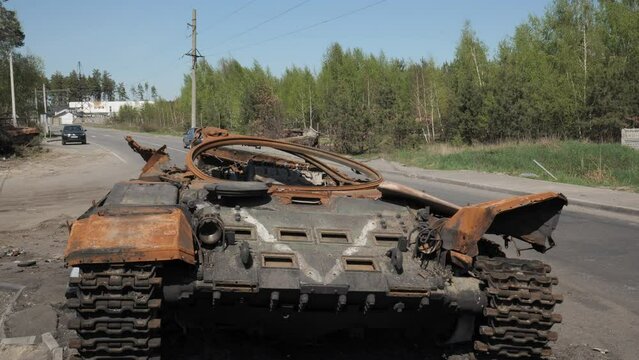 The remains of a burnt and destroyed tank of the Russian army as a result of a battle with Ukrainian troops