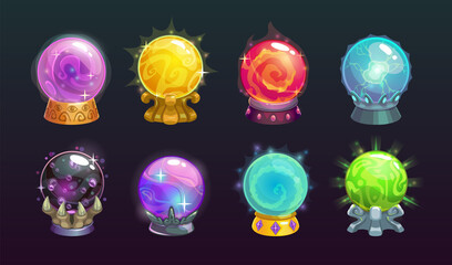Vector cartoon magic balls. Fairy crystals set.