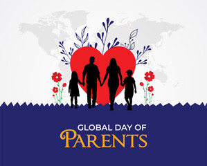 Global Day of Parents. Daddy with mum and kids. Template for background, banner, card, poster.