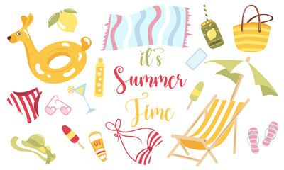 Hello summer. Set of decorative summer elements on a white background. Summer holidays, clothes and drinks.