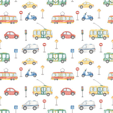 Watercolor seamless pattern with city transport, scooter, trolleybus, taxi, tram, bus, car, road sign, traffic light, for children, boys on a white background
