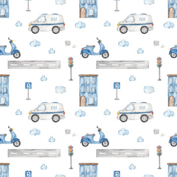 Watercolor seamless pattern with mail car, scooter, motorcycle, building, road sign, traffic light, for kids, boys on a white background