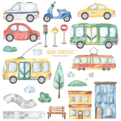 Watercolor city transport with bus, trolleybus, taxi, car, tram, mail car, houses, road, houses, trees, road signs, traffic lights