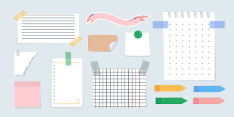 A set of sheets for records of different formats are glued on sticky tape. Reminder sheets or quick notes. Flat vector illustration. eps10