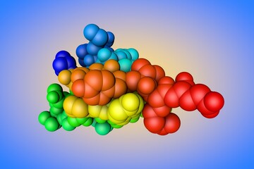Epidermal growth factor domain of P-selectin. Space-filling molecular model. Rendering based on protein data bank entry 1fsb. Rainbow coloring from N to C. 3d illustration