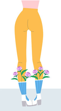 Women's legs in yellow tights and high heels. Photo session with flowers. Art object. Flat vector illustration. eps10