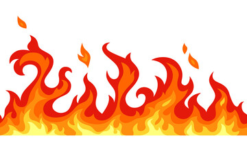 Horizontal seamless colorful flat fire. Red, orange, yellow flame on white background. Isolated fire print.