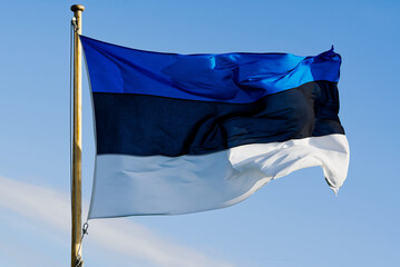 The flag of Estonia - horizontal stripes of blue, black and white on a background of blue sky during the summer day. stock photo