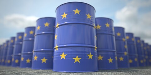 Many barrels with flag of the European Union. Oil or chemical industry supply related 3D rendering - obrazy, fototapety, plakaty